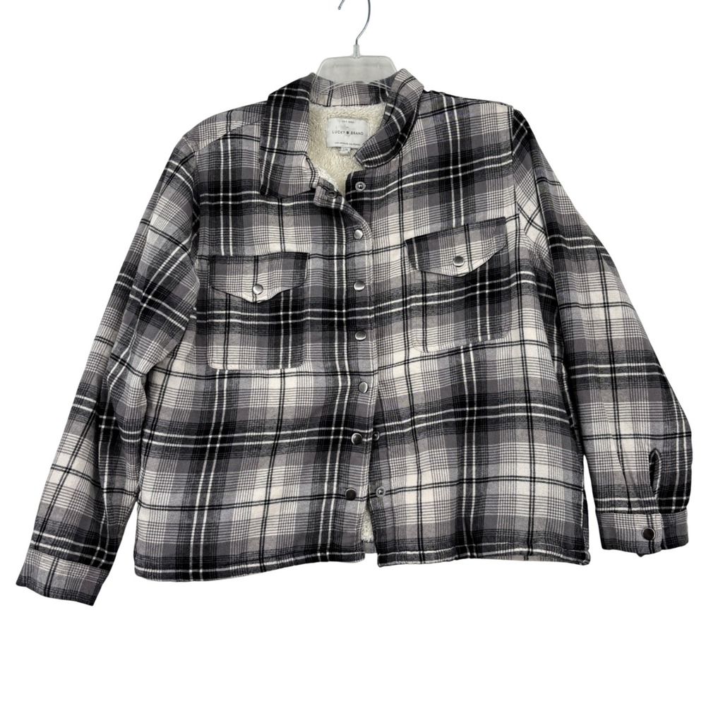 Lucky Brand Sherpa Lined Flannel Shirt Jacket Size L Gray Plaid Snaps Shacket